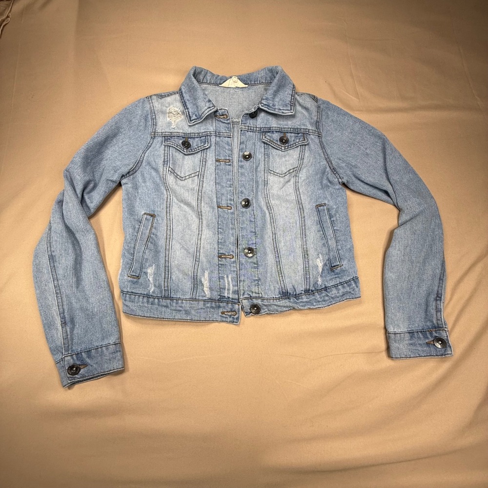 Ci Sono Womens Distressed Denim Jacket Light Wash Blue Size Small